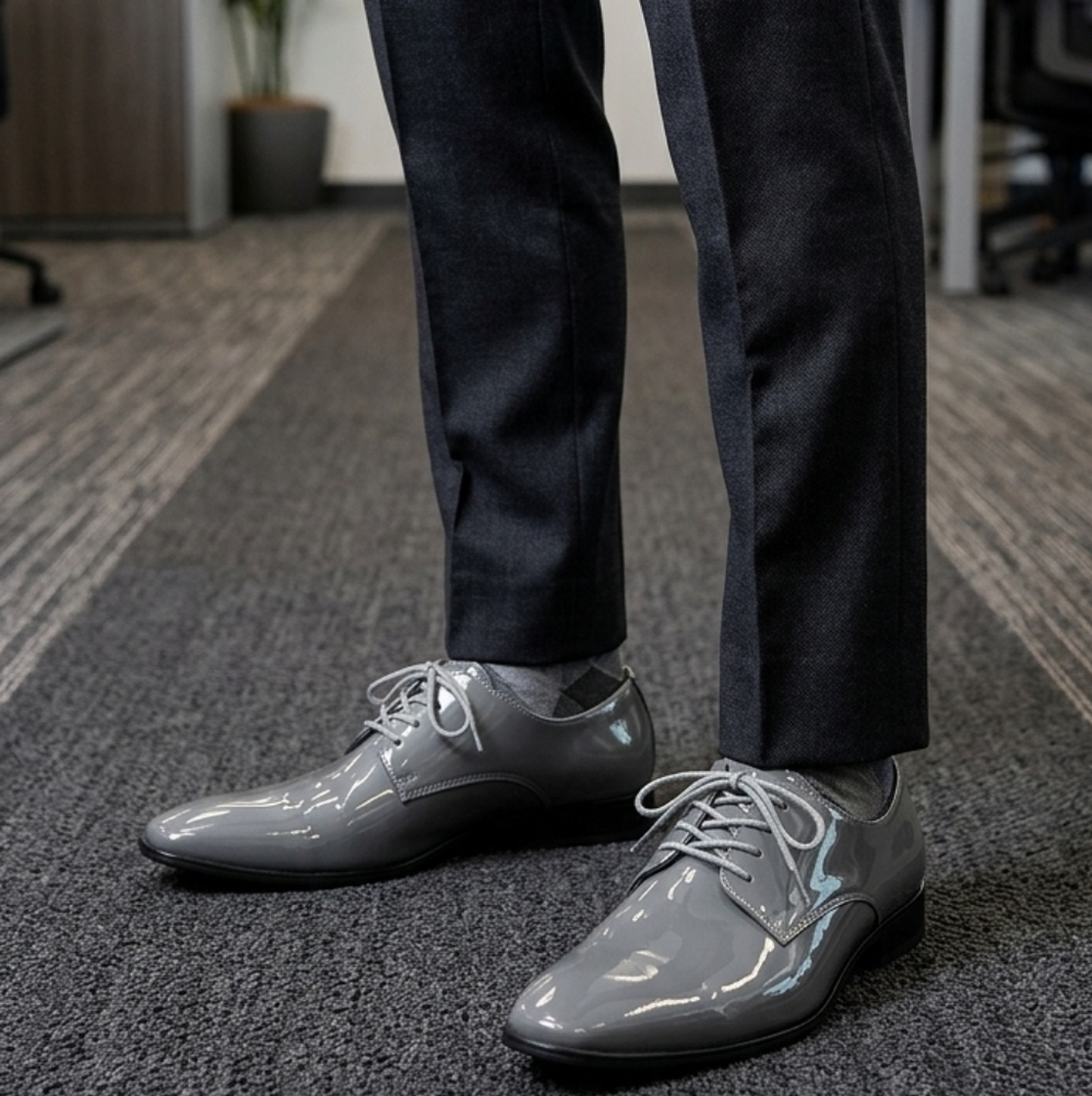 Glossy Gray Derby Shoes with Patent Finish - Picture 2 of 8